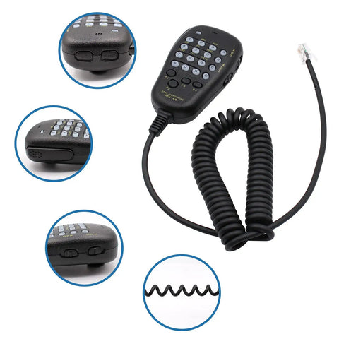 Rugged Handheld Microphone Speaker MH-48A6J With PTT Button for Yaesu Ham Radios coiled cord and backlit keypad detail