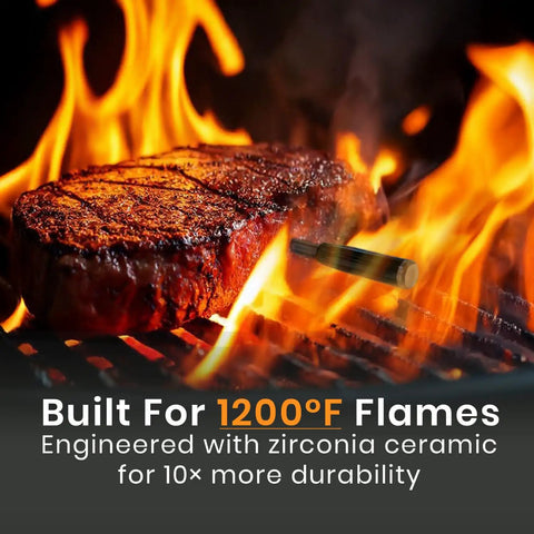 V Prime Wireless Meat Thermometer With 1200F Heat Resistance on flaming grill with steak