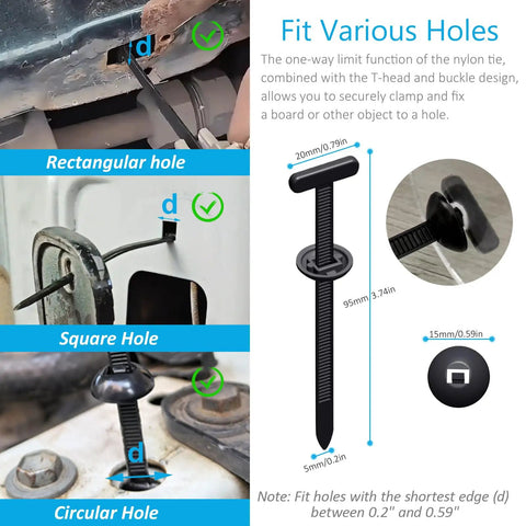2026 Upgraded Nylon Universal Cable Tie Buckle Heavy Duty Self Locking Zip Ties showing compatibility with various hole shapes