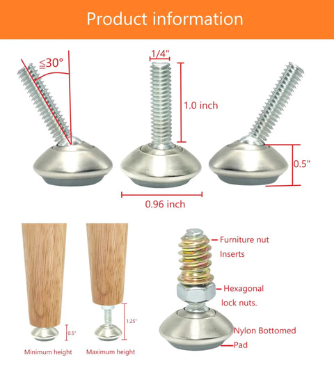 All In One Adjustable Furniture Levelers With Swivel Feet And Nylon Pads, Height Adjustable From 0.5 To 1.0 Inch, Protect Floors