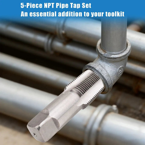Five Piece NPT Pipe Tap Set With Sizes One Eighth Inch Through Three Quarters Inch Carbon Steel Hand Threading Tool For Plumbing Mechanics