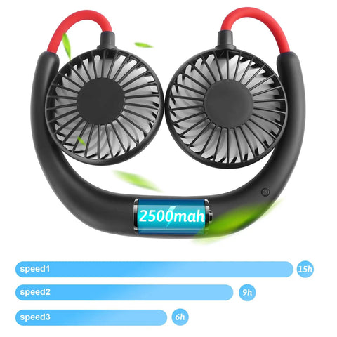 Neck Wearable Portable Fan With 2500mAh Battery USB Rechargeable Hands Free Dual Head Rotatable Mini Face Cooling Personal Fan