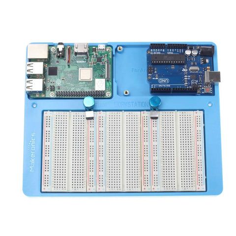 7 In 1 Blue RAB Holder With 3 Piece 400 Point Solderless Breadboard Base Plate With Rubber Feet For Raspberry Pi 4 Model B 3B 3B Plus 2B B Zero Zero W DIY Friendly And Arduino Mega 2560 Uno R3 Projects, showing components on blue base with breadboards and board slots.