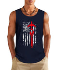 Men's Sleeveless Workout Tank Top With American Flag Graphic For Aircraft Mechanics And Gym Rats Hella Comfy Breathable Cotton Fit Perfect For Heavy Lifting And Daily Street Drip, modeled by a man in navy.