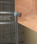 Sidewinder Screw Anchor For Wood Mounting, Horizontal Install, Zinc Plated Steel, Three Eighths Inch Screw Size, close-up view installed in wood