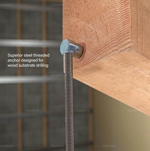 Sidewinder Screw Anchor For Wood Mounting, Horizontal Install, Zinc Plated Steel, Three Eighths Inch Screw Size, close-up view installed in wood