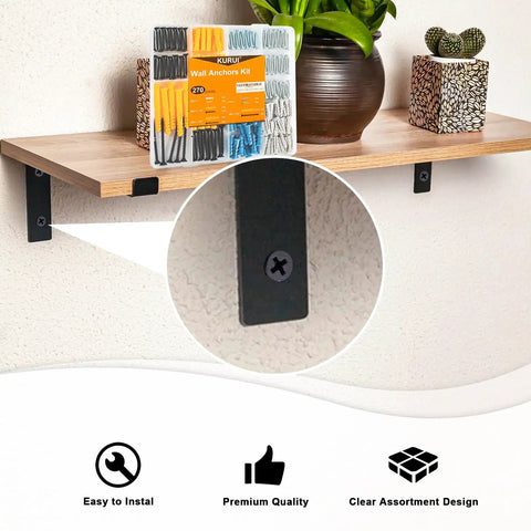 270 Piece Wall Anchors Kit For Drywall And Concrete Includes Five Essential Sizes on a wooden shelf with potted plants.