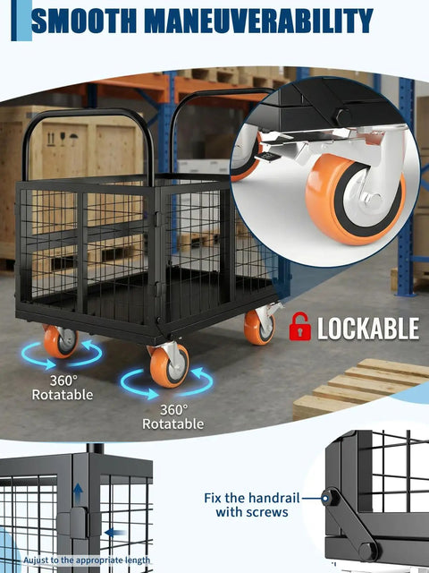 Beast Of A 6 In 1 Platform Truck With Cage Foldable Hand Truck and Dolly, 360° rotatable wheels in warehouse