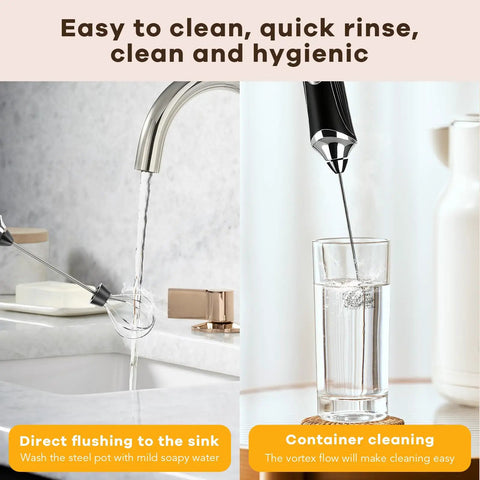 Handheld Milk Frother With Stand, Rechargeable Foam Maker Wand in cleaning demonstration under faucet and in glass container