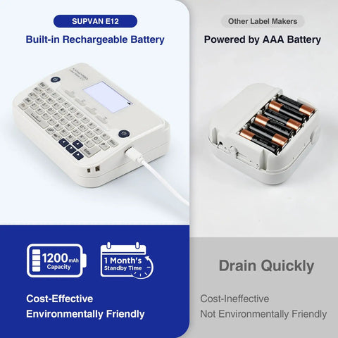 Sweet Setup Wireless Label Maker With Fast Typing Keyboard And Bluetooth Paired Smart App For Dang Easy Pantry Sorting And Crisp Desk Organization Comes Loaded With Four Reliable Tape Rolls side view showing built-in rechargeable battery and fast typing keyboard