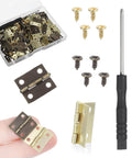 60 Sets Mini Hinges With Screws 0.6 Inch 270 Degree Folding Butt Hinges For Wood Jewelry Boxes Diy Projects Gates Drawers Gold And Bronze Finish Includes Screwdriver And Clear Storage Box 120 Gold Screws And 120 Bronze Screws, including visible gold and bronze hinges, screws, screwdriver, and storage box.
