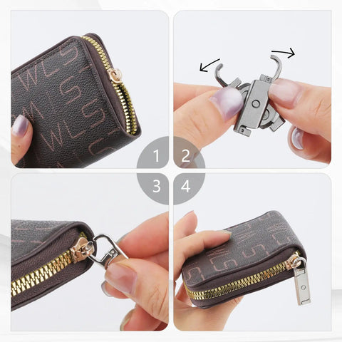 8 Pcs Metal Zipper Pull Tabs Replacement Kit For Luggage Jackets Purses Backpacks Coats And Suitcases Clip On 26mm Zipper Pulls In Silver Gold Bronze Gunmetal Black Durable Easy Fix shown being attached to a zipper on a brown pouch.