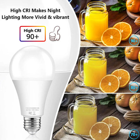 Outdoor Dusk To Dawn LED Light Bulbs 11W Auto On Off Sensor Daylight 5000K A19 With E26 Base 4 Pack showing high CRI performance