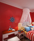 Red Glossy Peel And Stick Wallpaper Vinyl Wrap With Glitter Finish in bedroom, decor with nautical theme, blue life preserver on wall.