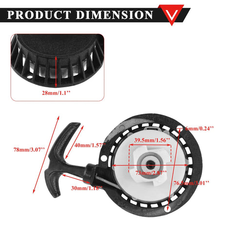 Dimensions of Beefy Aluminum Alloy Easy Recoil Pull Start Starter for 47cc 49cc engines with detailed measurements in black finish