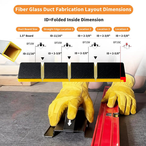 Diagram of 1.5 Inch V Cut Duct Board Cutter For HVAC Pros with dimensions and orange gloves on heavy-duty steel sled frame.