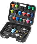 Heavy Duty 28 Piece Universal Radiator Pressure Tester Kit With No Sweat Manual Coolant Refill open case showing color coded caps and pump components.