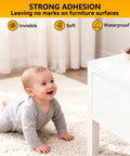 Tough As Nails L Shaped Corner Protectors shielding sharp furniture edges with baby crawling on soft carpet.