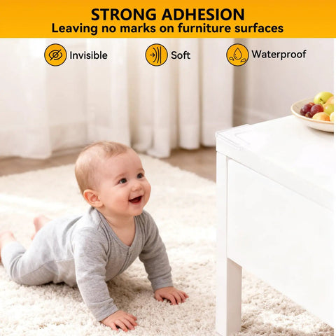 Tough As Nails L Shaped Corner Protectors shielding sharp furniture edges with baby crawling on soft carpet.