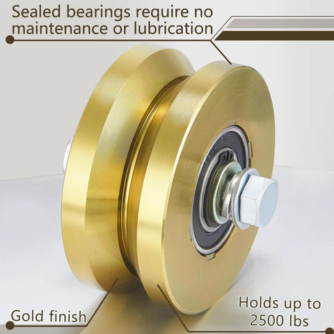 Solid 4 Inch V Groove Gate Wheel Set Heavy Duty Sliding Gate Rollers One And Three Quarters Inches Width Caster Wheels With 2500 Lbs Capacity Screw Mount Double Bearing Pair Two Sets, gold finish, side view.