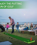 Family playing Golf Putting Game Set For Indoor And Outdoor With Front Border Mat Includes 4 Balls 1 Portable Bag 2 Flags And Cups