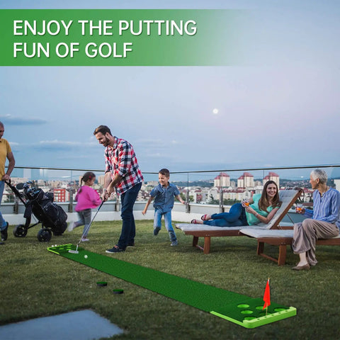 Family playing Golf Putting Game Set For Indoor And Outdoor With Front Border Mat Includes 4 Balls 1 Portable Bag 2 Flags And Cups