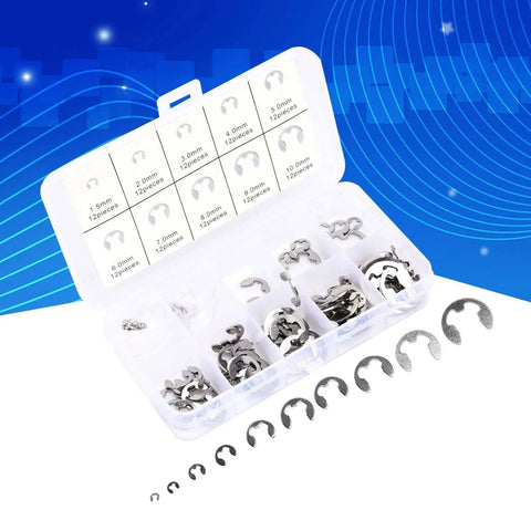 Heavy Duty Stainless Steel Snap Ring Set Kit 120 Pieces With 10 Sizes M1.5 To M10 displayed in a plastic storage box.