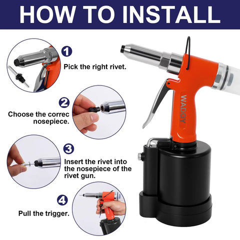 Heavy Duty Air Rivet Gun With Five Nosepieces installation guide showing steps for quick no fuss riveting and nosepiece selection