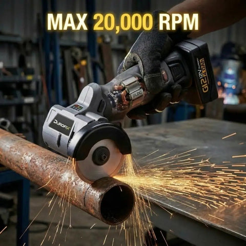 Cordless 3 Inch G12 Series Cut Off Tool Kit 20,000 RPM cutting metal pipe with safety guard in workshop.