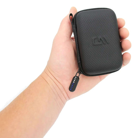 Hand holding a Kickass Rugged Hard Shell Carry Case For Two Auvi Q And EpiPen Injectors Plus Allergy Meds, showing durable black exterior.