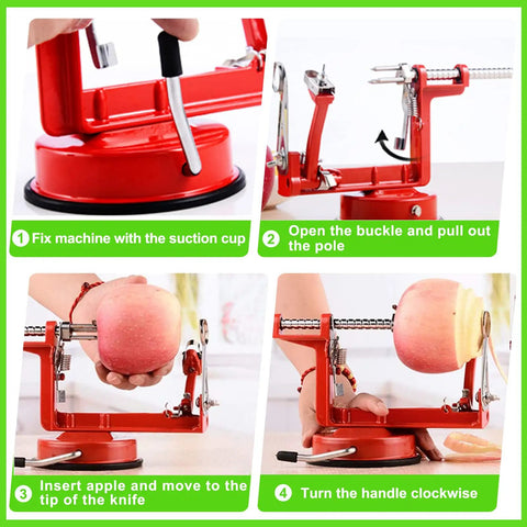 Heavy Duty Apple Peeler Corer Slicer With Hella Tough Stainless Steel Blades and Killer Chrome Construction for Apples and Potatoes, steps for use.