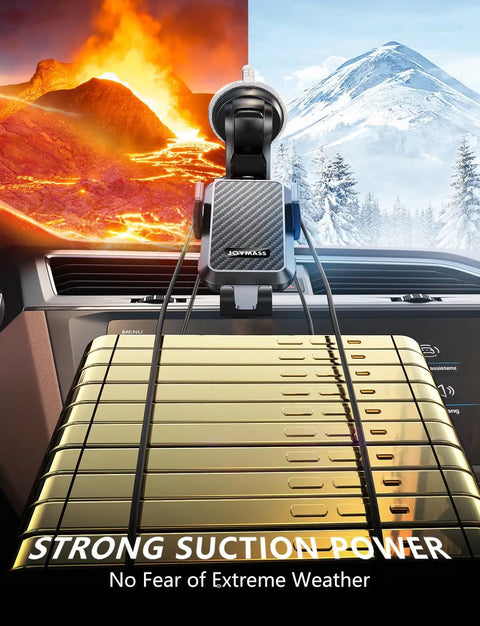 15W Fast Wireless Car Charger Mount With Auto Clamping Cord Free Hands Free Phone Holder in car between fire and snow backgrounds