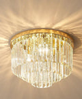 Lit French Gold Crystal Chandelier Ceiling Light 16 Inch Semi Flush Mount with Five Lights Three Tier Round Crystal Design