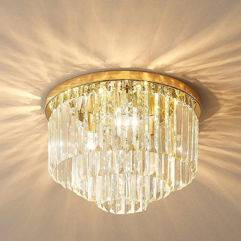 Lit French Gold Crystal Chandelier Ceiling Light 16 Inch Semi Flush Mount with Five Lights Three Tier Round Crystal Design