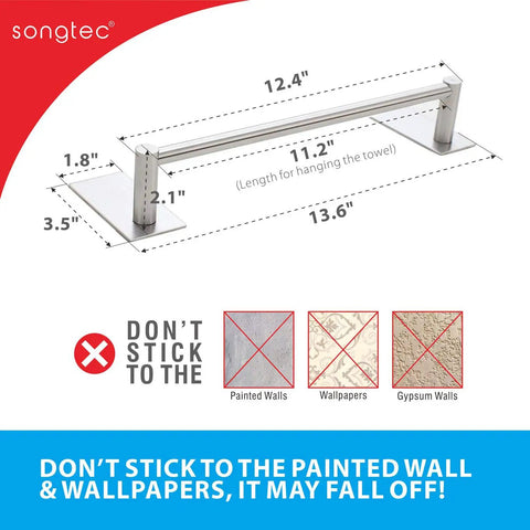 Adhesive Towel Bar 12 Inch Brushed Stainless Steel No Drill Stick On Bath Rack Easy Install Holds Strong On Smooth Surfaces SUS304 For Bathroom Kitchen Laundry with dimensions and warning label.