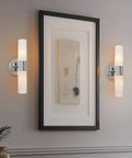 Dual 14 Inch Modern Wall Sconce With Frosted Glass Cylinder Shades In Chrome Finish, Linear 2-Light Bath Vanity Lighting installed on wall