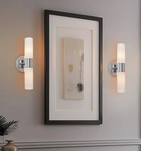 Dual 14 Inch Modern Wall Sconce With Frosted Glass Cylinder Shades In Chrome Finish, Linear 2-Light Bath Vanity Lighting installed on wall