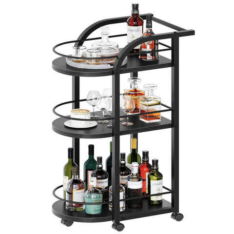 Black Three Tier Rolling Bar Cart Featuring Sturdy Safety Rails And Smooth Swivel Casters Crafted To Hold Your Goodies Squad Approved For Backyard Hangouts And Casual Kickbacks with drinks and glassware.