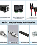 Group view: NEMA23 motor, driver, photoelectric switch, C7 ball screw, MGN12 rail, aluminum profile, diaphragm coupling.