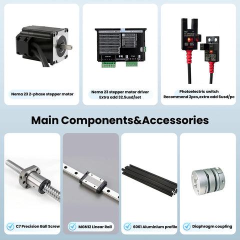 NEMA23 motor and CNC components collage: driver, photoelectric switch, ball screw, linear rail, aluminum profile, coupling.