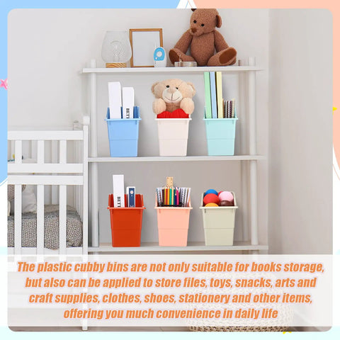 24 Pack Book Bins For Classrooms And Home Office on shelf, colorful plastic vertical organizer baskets, storage for toys and books