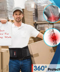 Man wearing Back Support Belt For Lower Back Pain Relief With Lumbar Pad carrying boxes in warehouse setting.