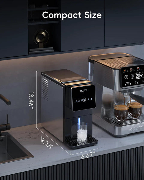 Nugget Ice Maker With Touchless Dispenser For Home And Office Use, 40 Lbs Per Day Countertop Ice Machine next to a coffee maker