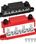 No Sweat Heavy Duty 12 Volt Power Distribution Bus Bar Terminal Block with red and black bus bars and mounting screws.