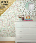 Room with Pink And Blue Glitter Confetti Peel And Stick Wallpaper Sample for quick, no fuss decor behind white dresser and mirror.