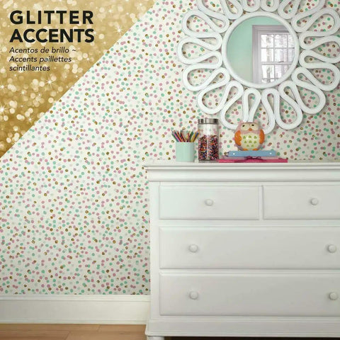 Room with Pink And Blue Glitter Confetti Peel And Stick Wallpaper Sample for quick, no fuss decor behind white dresser and mirror.