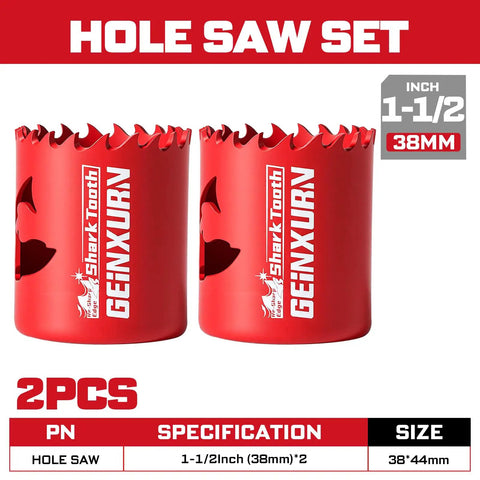 Half Inch HSS Bi Metal Hole Saw Kit With Shark Tooth Cutters For Wood Drywall PVC And Thin Metal Drilling Heavy Duty Tool with two 1-1/2 inch red saws.