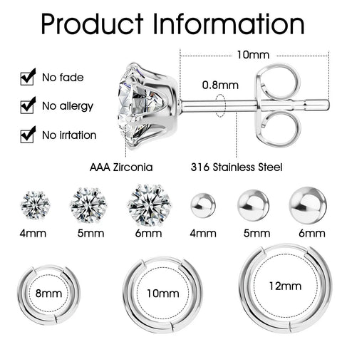 Surgical Steel Earrings Set For Multiple Piercings Nine Pairs Featuring Hoops CZ Studs And Ball Studs For Women Hypoallergenic 20G Dope Everyday Wear Must Have Jewelry With Three Styles And Sizes, 316 stainless steel, 10mm