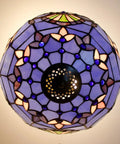 Tiffany Style Baroque Stained Glass Ceiling Light Fixture In Blue And Purple Semi Flush Mount 12 Inch Shade, viewed from below.