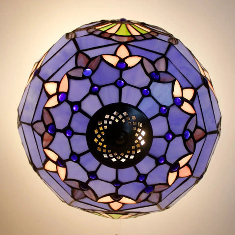 Tiffany Style Baroque Stained Glass Ceiling Light Fixture In Blue And Purple Semi Flush Mount 12 Inch Shade, viewed from below.